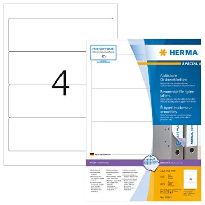 Obrázek HERMA 10141 na hřbety pořadačů etikety odstranitelné krátké široké, 100 listů, 192 x 61 mm, 4 arch A4, 400 kusů, samolepicí, potisknutelné, neprůhledné, papírové pořadače štítky zadní