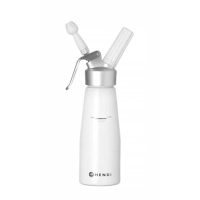 Obrázek HENDI Sahnespender, Inklusive Set aus 3 Polypropylen Spritztüllen und Reinigungsbürste, Sahne Mousses Desserts kalten Schäumen, 0,5L, ø80x(H) 260mm, Aluminium, Weiß