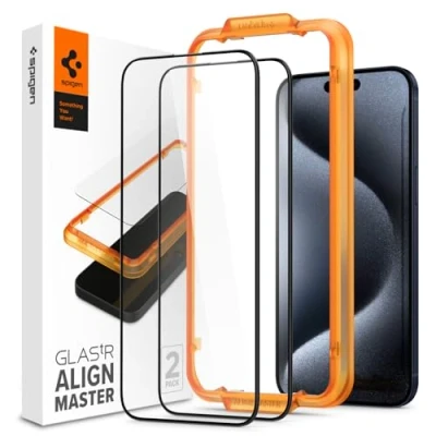 Obrázek Spigen AlignMaster ochranná fólie kompatibilní s iPhone 15 Pro, 2 kusy, plné zakrytí, odolná proti poškrábání, tvrdosti 9H