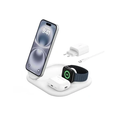 Obrázek Belkin BoostCharge indukční nabíjecí stanice 3 v 1 Qi2, 15 W, skládací stojan kompatibilní s MagSafe pro Apple iPhone 16/15, Watch, AirPods, protiskluzová, rychlé nabíjení, se síťovým zdrojem