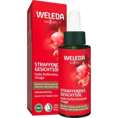 Obrázek WELEDA Bio zpevňující pleťový olej přírodní kosmetika Natural Anti Aging péče o obličej s olejem ze semen granátového jablka a arganovým olejem. Hydratační obnovující buňky redukuje vrásky