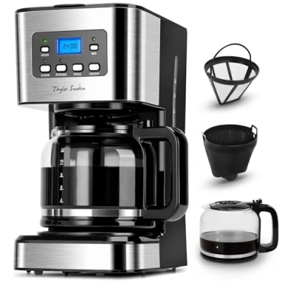 Obrázek Taylor Swoden kávovar Darcy 950 W s časovačem, 1,5 l na překapávanou kávu, 12 šálků, automatické vypnutí, zastavení odkapávání, opakovaně použitelný filtr a topná deska, bez BPA, černý