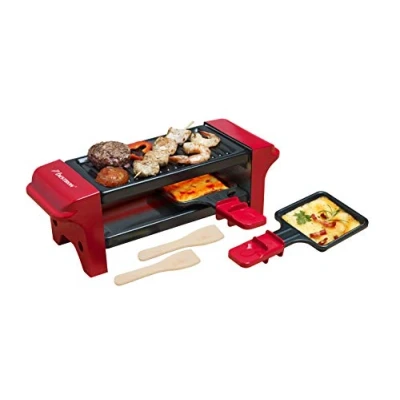 Obrázek Bestron Raclette pro 1 až 2 osoby, mini stolní gril se dvěma pánvičkami a dřevěnými škrabkami, 350 W, barva: červená/černá