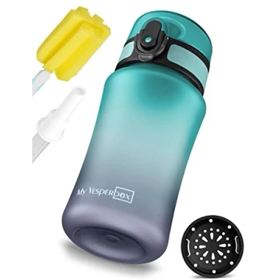 Obrázek My Vesperbox Minny dětská láhev na pití odolná proti vytečení 350 ml s brčkem nebo sítkem lehká tritanová vodu bez BPA do školky, školy (šedá modrá ml)