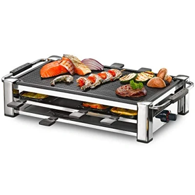 Obrázek ROMMELSBACHER RCC 1500 raclette gril (extra dlouhý kabel (2 m), stolní pro 8 osob, žebrovaná grilovací deska z hliníkového tlakového odlitku, Xylan Plus nepřilnavý povrch, parkovací plocha,