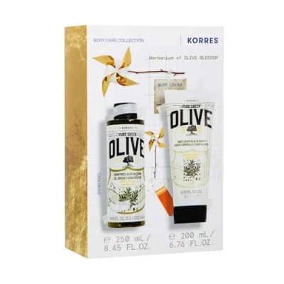 Obrázek KORRES sada péče o tělo Olive &amp; Bloussom, dárková pro dámy a pány, s extra přírodním olivovým olejem, sprchový gel 250 ml + tělové mléko 200 ml, veganské