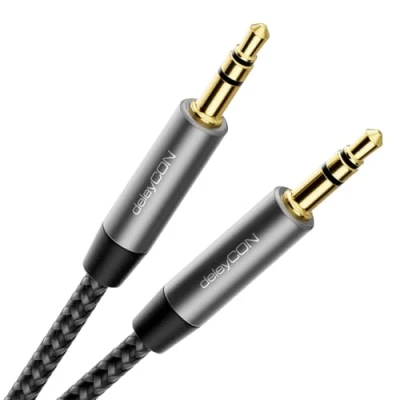 Obrázek deleyCON 1 m Nylon 3,5 mm jack Audio Stereo AUX kabel se zdířkou Nylonový kovová zástrčka mobilní telefon smartphone tablet sluchátka HiFi Receiver černý