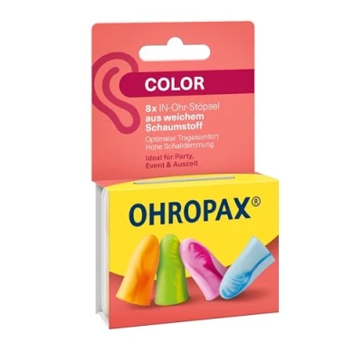 Obrázek OHROPAX Color špunty do uší z měkké pěnové hmoty obzvlášť pohodlné, i při dlouhém nošení zvukově izolační hodnota SNR 35 dB ideální na party, akce a čas 8 kusů