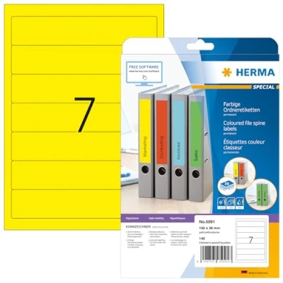 Obrázek HERMA 5091 hřbety pořadačů etikety krátké, úzké, 20 listů, 192 x 38 mm, 7 na arch A4, 140 kusů, samolepicí, potiskovatelné, neprůhledné, prázdné papírové štítky šanony nálepky, žluté