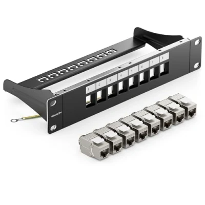 Obrázek deleyCON Sada 8portových propojovacích panelů patch pole 1 HE 10&quot; palců instalace do racku + 8x RJ45 Keystone moduly CAT6a kompatibilní s CAT5 CAT6 CAT7 LAN síťový kabel instalační černý