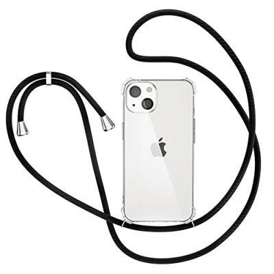 Obrázek XTCASE Řetízek na mobil pro iPhone 13 pouzdro, Smartphone Necklace Pouzdro s páskem průhledný ochranný kryt odolný proti nárazu šňůra pouzdrem k zavěšení v černé barvě