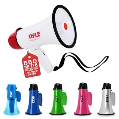 Obrázek Pyle Megafon PA Bullhorn 20 W, nastavitelná hlasitost, zabudovaná siréna, dosah 800 metrů pro fotbal, baseball, hokej, roztleskávačky a bezpečnostní cvičení, bílý