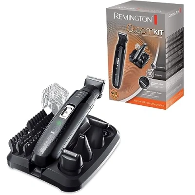 Obrázek Remington GroomKit PG6130, stylingová sada pro vlasy na obličeji a těle, 4 odnímatelné nasazovací hlavy, černá/šedá