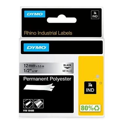Obrázek DYMO Rhino Industrie permanentní polyesterové etikety 12 mm x 5,5 m černé na metalické samolepicí páska pro popisovací přístroj a LabelManager