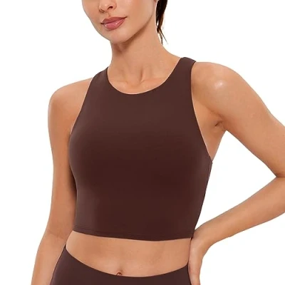 Obrázek CRZ Yoga Dámská Butterluxe racerback sportovní podprsenka vycpaná bez kostic Crop Tops Longline Tank Top Fitness Sports Bra, taupe