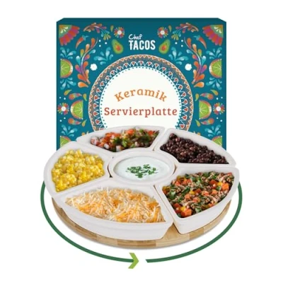 Obrázek Chef Tacos Snackteller 26 cm Mehrere Schalen mit Platz für leckere Snacks Drehbarer Servierteller hochwertigen Keramik Perfekt geeignet Snacks, Dips, Obst und vieles mehr