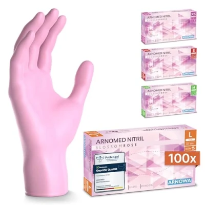 Obrázek ARNOMED nitrilové jednorázové rukavice 100 kusů/krabice, L, růžové, bez latexu, pudru, k dispozici ve vel. S, M a L