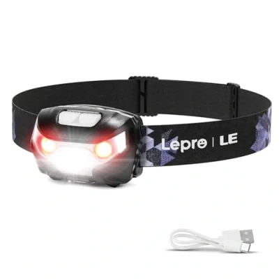 Obrázek LE čelovka LED nabíjecí, USB lampa na hlavu 1300 Lux s červeným světlem a 5 světelnými režimy, IPX4 vodotěsná Mini pro děti dospělé, Superhell Headlight rybaření, běh [vč. kabel]