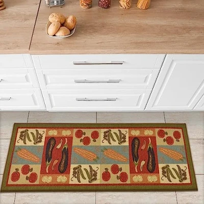 Obrázek Ottomanson Sara&#039;s KitchenKolekce Kobercový běhoun s gumovou zadní stranou a tmavě olivově zelená se zeleným zeleninovým designem, 50 cm x 150 cm,
