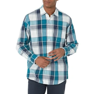 Obrázek Amazon Essentials Herren Lässiges langärmeliges Popeline Hemd Normale Passform, Grünblau Weiß Großes Karo, M