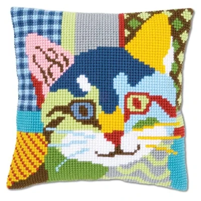 Obrázek Vervaco Polštář pro vyšívání křížkovým stehem, kočka, patchwork, vyšívaný obraz, předepsané, bavlna, vícebarevné, 40 x 0,3 cm