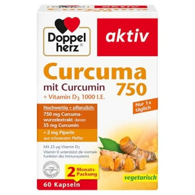 Obrázek Doppelherz Curcuma 750 s kurkuminem + vitamínem D3 1000 I.U vitamin D podporuje normální funkci imunitního systému 60 kapslí