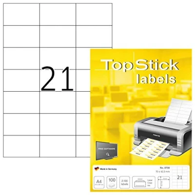 Obrázek TopStick 8708 adresní etikety, 100 listů, 70 x 42,3 mm, 21 archů A4, 2100 kusů, samolepicí, potištěné, matné, prázdné papírové nálepky na adresu, bílé