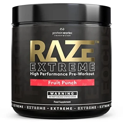 Obrázek Protein Works Raze Extreme Pre Workout prášek ovocný punč kreatin, kofein a beta alanin Energy Drink 30 porcí