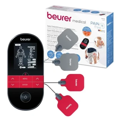 Obrázek Beurer EM 59 Heat digitální TENS/EMS, přístroj dráždivý proud 4 v 1 pro léčbu bolesti, stimulaci svalů, masáž a tepelnou terapii, vč. elektrod akumulátoru