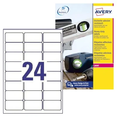 Obrázek AVERY Zweckform L4773 100 fóliové etikety odolné proti povětrnostním vlivům (2400 lepicích etiket, 63,5 x 33,9 mm na A4, extrémně silné samolepicí, voděodolné, odolné, potiskovatelná venkovní lepicí