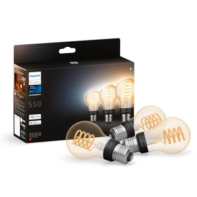 Obrázek Philips Hue White Ambience E27 Filament, 7 W, stmívatelné, všechny odstíny bílé, kompatibilní s Amazon Alexa (Echo, Echo Dot), balení 3 ks