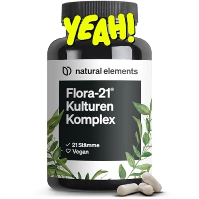 Obrázek Komplex Flora 21® Kulturen 21 kmenů bakterií + bio inulin 180 kapslí odolných žaludečním šťávám laboratorně testováno, veganské, vysoké dávky a vyrobeno v Německu