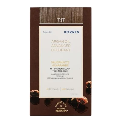 Obrázek KORRES Argan Oil Colorant barva na vlasy bez amoniaku střední blond béžová 7. 17 100% zakrytí šedých vlasů a veganská pro dlouhotrvající barevný výsledek