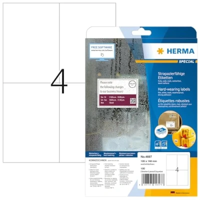 Obrázek HERMA 4697 Fóliové etikety odolné proti povětrnostním vlivům, 25 listů, 105 x 148 mm, 4 pro arch A4, 100 kusů, samolepicí, potištěné, matné, prázdné lepicí z fólie, bílé