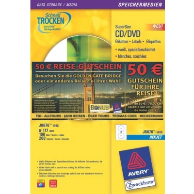 Obrázek Avery Zweckform, J8676 100 štítek, CD 117 mm, Supersize pro formát, Spezialbeschichtet, obsah: listů, vč. zdarma 50 EUR Cestovní poukaz
