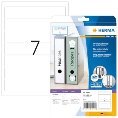 Obrázek HERMA 5090 hřbety pořadačů etikety krátké, úzké, 25 listů, 192 x 38 mm, 7 na arch A4, 175 kusů, samolepicí, potiskovatelné, neprůhledné, prázdné papírové štítky pořadače samolepicí nálepky, bílé