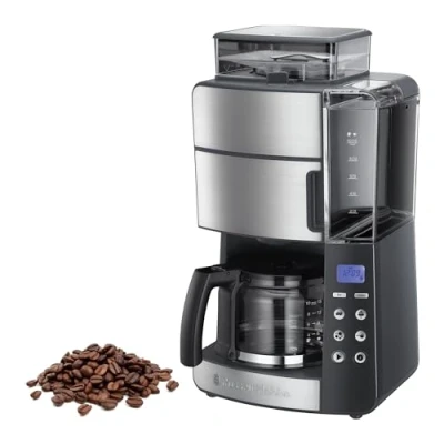 Obrázek Russell Hobbs Kaffeemaschine mit Mahlwerk Glaskanne [Digitaler Timer, Brausekopf für opt. Extraktion &amp; Aroma] Grind&amp;Brew (max 10 Tassen, 3 stufige Mahlgradeinstellung) Filterkaffeemaschine 25610 56