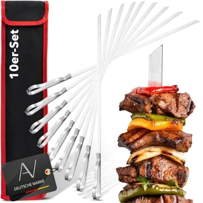 Obrázek AVANA Grilovací špízy z ušlechtilé oceli 10 kusů opakovaně použitelné na šašliky 43 cm Grill Kebap Šampura maso a zeleninu