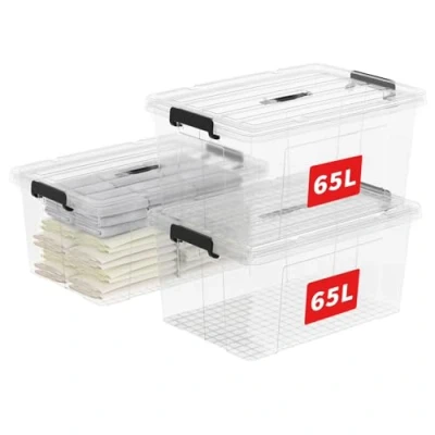 Obrázek Cetomo,65L,3er Pack, Aufbewahrungsbox mit deckel,Aufbewahrungsboxen, Clips, stapelbar, Wohnzimmer, Schlafzimmer.lebensmittelecht,Verschlussclips,Neumaterial Plastik Box transparent