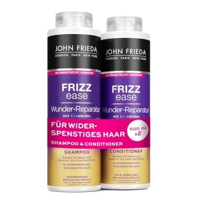Obrázek John Frieda Wunder Reparatur Shampoo/Conditioner výhodná sada obsah: 1x šampon 500 ml &amp; kondicionér doplňovací Frizz Ease Serie pro nepoddajné, poškozené vlasy