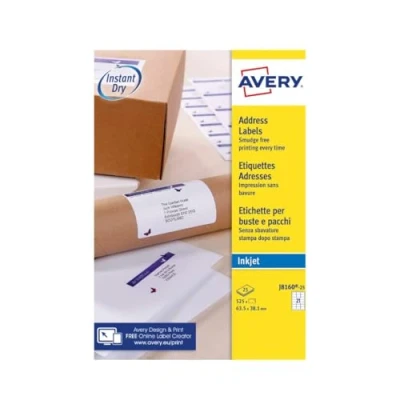 Obrázek AVERY Zweckform J8160 25 štítky na adresu/adresní (525 etikety, 63,5 x 38,1 mm A4, lze potisknout, samolepicí, pro dopisní obálky DIN B6/C6, papír matný, inkoustová tiskárna) listů, bílé