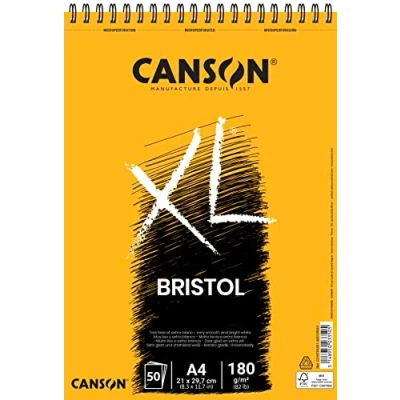 Obrázek CANSON XL, Bristol Papier, sehr glattes 180 g/m², an der kurzen Seite spiralgebundener Block, DIN A4 21 x 29,7 cm, Extraweiß, 50 Blatt