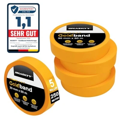 Obrázek HASKYY Goldband malířská krepová páska 5x 30 mm x 50 m profesionální krycí lepicí Washi Tape zlatá papírová samolepicí