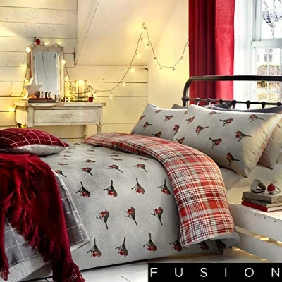 Obrázek Fusion Sada povlečení &quot;Robin Classic Tartan přední a zadní strana s ptáky, bavlna, vícebarevná, King Size