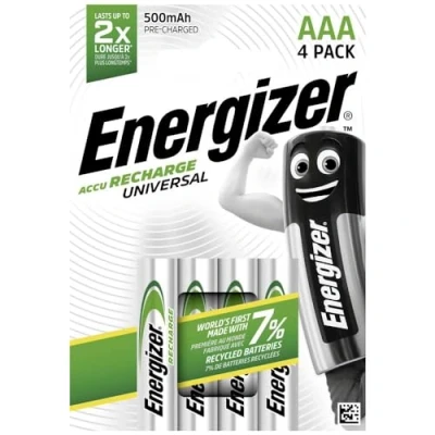 Obrázek Energizer E301375700 NimH baterie Rechargeable Universal Micro (1,2 V 500 mAh, přednabité 4dílné balení) stříbrná, AAA/Micro/LR03/500 mAh/4 ks