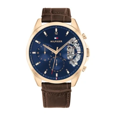 Obrázek Tommy Hilfiger Pánské hodinky s několika ciferníky Quartz se stříbrným náramkem ze síťoviny z ušlechtilé oceli a koženým páskem, Hnědá, Náramek: