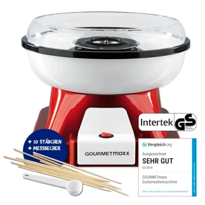 Obrázek GOURMETmaxx Výrobník cukrové vaty pro domácnost s příslušenstvím Retro Cotton Candy Machine Nostalgie hůlkou z a odměrnou lžičkou Cukrová vata děti party [červená bílá]