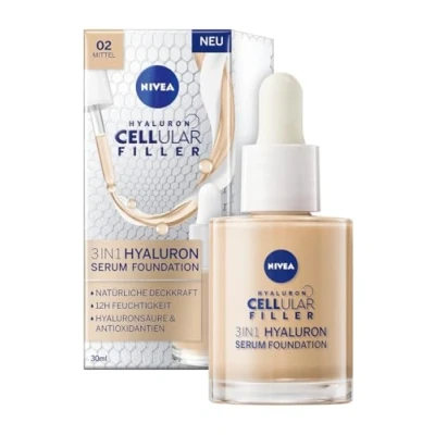 Obrázek NIVEA 3v1 hyaluron sérum Foundation prostředek (30 ml), Anti Age se sérem pro mladší vypadající pleť, hydratační podklad s kyselinou hyaluronovou