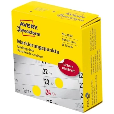Obrázek AVERY Zweckform 3852 samolepicí označovací body (ø 10 mm, 800 lepicích bodů na roli v dávkovači, kulaté nálepky kalendář, plánovací kalendář a pro ruční práce), žluté