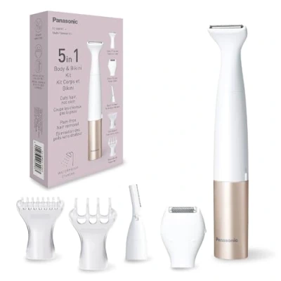 Obrázek Panasonic ES WM31 5 v 1 multifunkční zastřihovač pro tělo a bikiny, odstraňovač chloupků dámy, dámský holicí strojek, nástavců, vodotěsnost IPX7, mokré suché, provoz na baterie (vyžaduje 1x